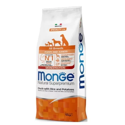 Monge Dog Puppy&Junior All Breeds Monoprotein kacsa-rizs-burgonya száraztáp kutyának 12kg