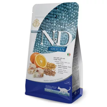 N&D Cat Ocean Adult cod, spelt, oats & orange (tőkehal, tönköly, zab & narancs) száraz macskaeledel 1,5kg