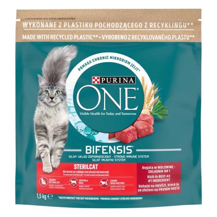 Purina ONE Bifensis Adult Sterilcat Beef száraztáp ivartalaníított felnőtt macskák részére marhával és búzával 800g