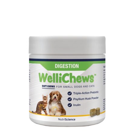 NutriScience WelliChews cat-dog DIGESTION funkcionális jutalomfalat emésztőrendszer támogatására macskának és kistestű kutyának 120db