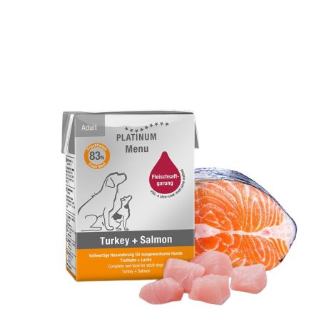 PLATINUM MENU Turkey + Salmon-nedves kutyatáp felnőtt kutyának pulyka és lazac 12x185g
