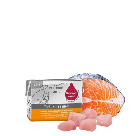 PLATINUM MENU Turkey + Salmon-nedves kutyatáp felnőtt kutyának pulyka és lazac 12x90g