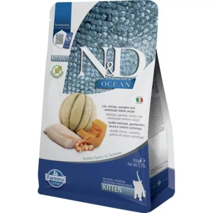 N&D Cat Ocean Kitten cod, shrimp & melon (tőkehal,garnéla,sütőtök & sárgadinnye) 300g