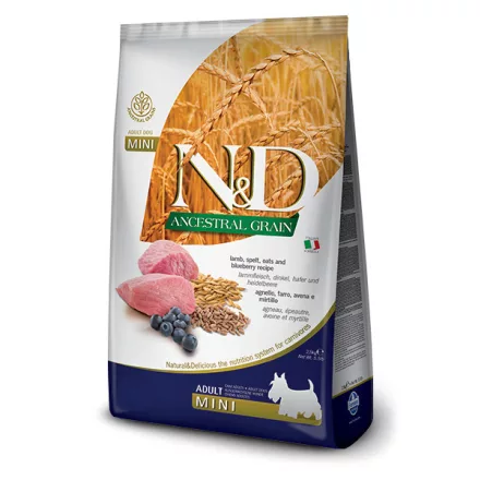 N&D Dog Ancestral Grain Adult mini lamb & blueberry (bárány-áfonya) száraz kutyatáp 800g lejárat közeli