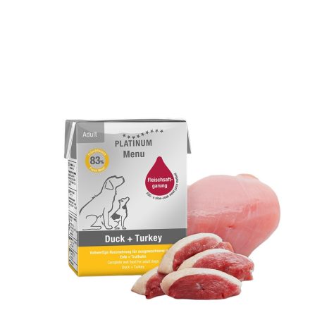 PLATINUM MENU Duck + Turkey-nedves kutyatáp felnőtt kutyának kacsa és pulyka 185g