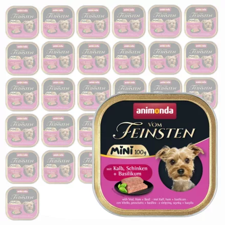 Animonda Vom Feinsten Adult Mini Kalb, Schinken, Basilikum (borjú,sonka,bazsalikom) alutálkás eledel felnőtt kistestű kutyának 32x100g (82360)