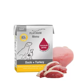   PLATINUM MENU Duck + Turkey-nedves kutyatáp felnőtt kutyának kacsa és pulyka 375g