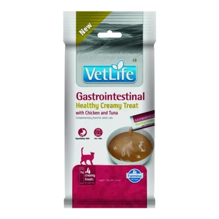 Vet Life Adult Cat Gastrointestinal Creamy Treat krémes jutalomfalat emésztőrendszeri érzékenységgel küzdő, válogatós vagy gyógyszerezett cicáknak 60g