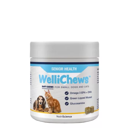 NutriScience WelliChews cat-dog SENIOR egészség támogató funkcionális jutalomfalat idős macskának és kistestű kutyának 120db 