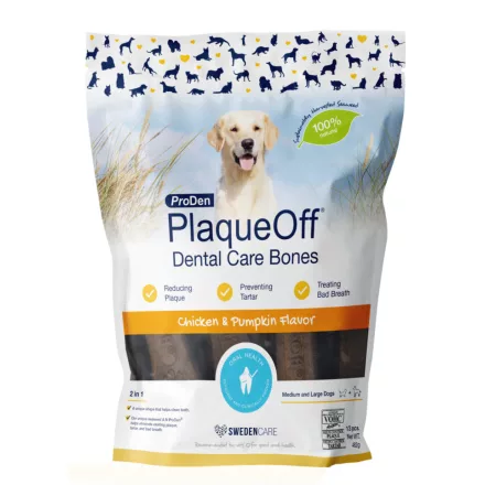 ProDen PlaqueOff Dental Bones dog Chicken & Pumpkin fogápoló jutalomfalat csirkével és sütőtökkel közepes és nagytestű kutyának 482g lejárat közeli