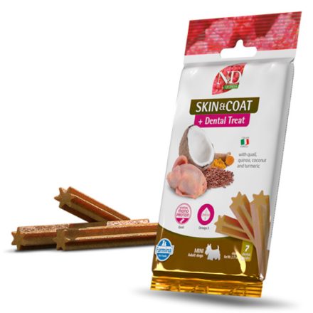 N&D Quinoa Dog Skin&Coat Dental Quail bőr és szőrzet támogató, fogtisztító jutalomfalat kutyának Mini 60g