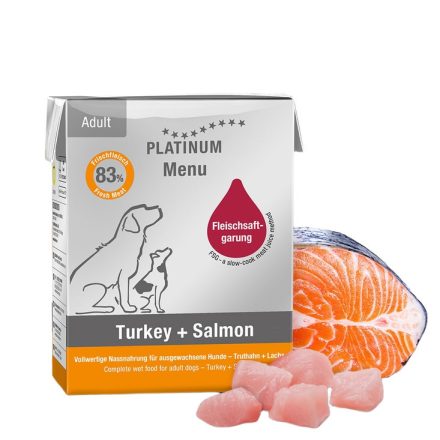 PLATINUM MENU Turkey + Salmon-nedves kutyatáp felnőtt kutyának pulyka és lazac 12x375g